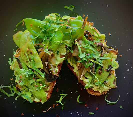 Broad Bean Avo Smash & Charred Snow Pea Topped Grilled Sourdough