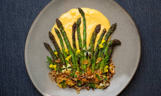 Asparagus, brown butter almonds, Lemon butter sabayon. (Or Hollandaise)